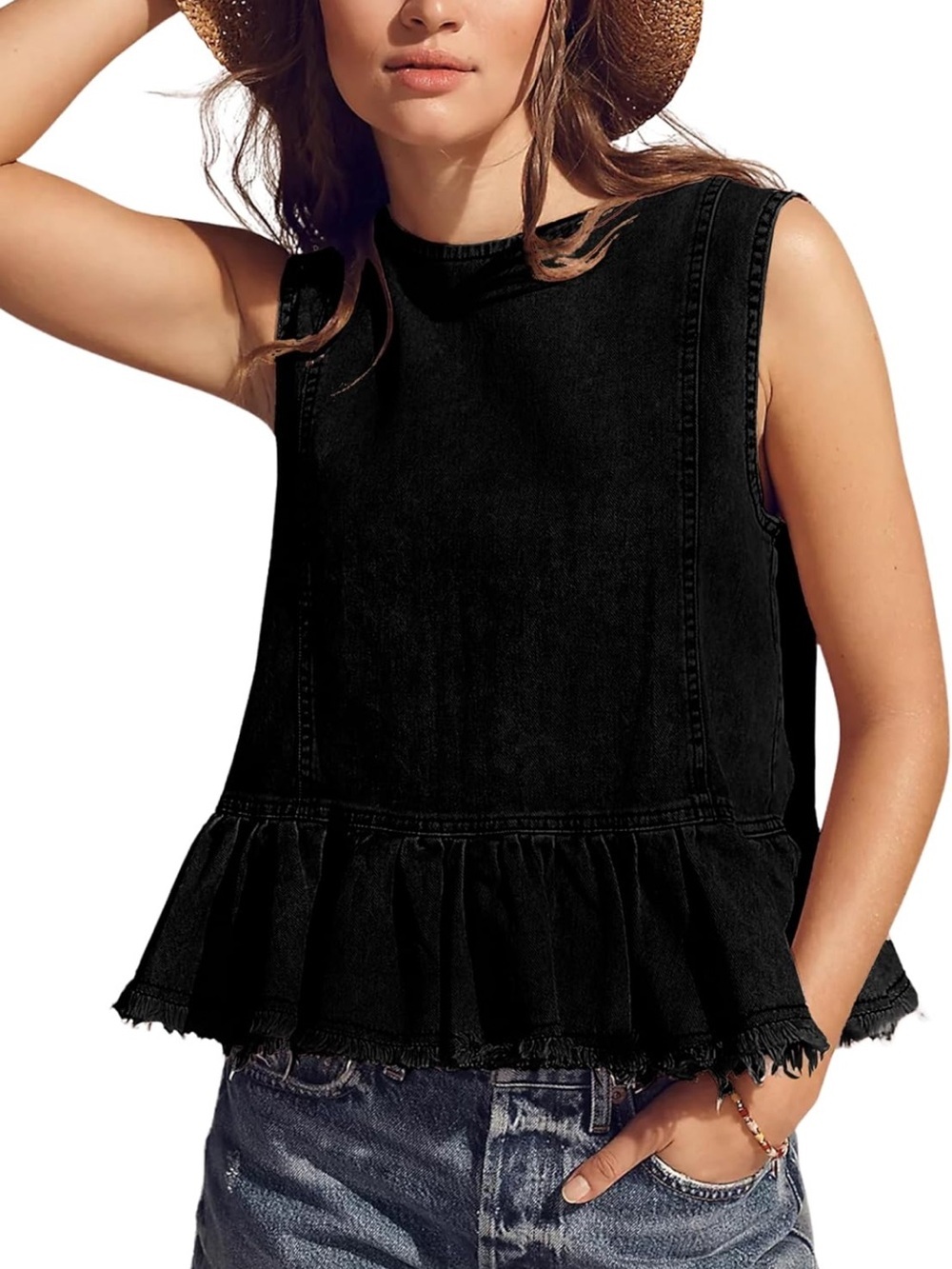 Summer Sleeveless Denim Top Button Back Crew Neck Jean Vest S 1280/bb2-3